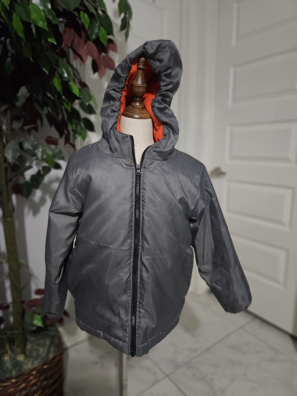 Warm Kids Hooded Puffer Jacket - Gray with Orange Lining